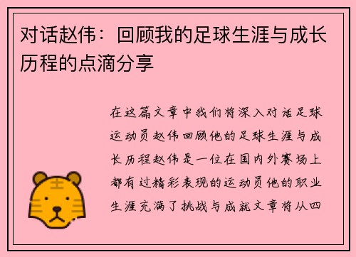 对话赵伟：回顾我的足球生涯与成长历程的点滴分享